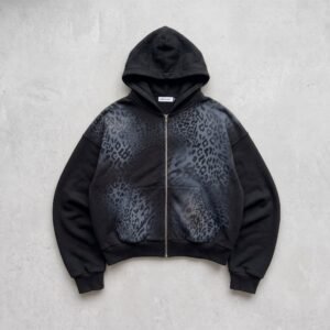 27608 high street trendy unisex high end color block leopard print design men's short wide hooded sweatshirt